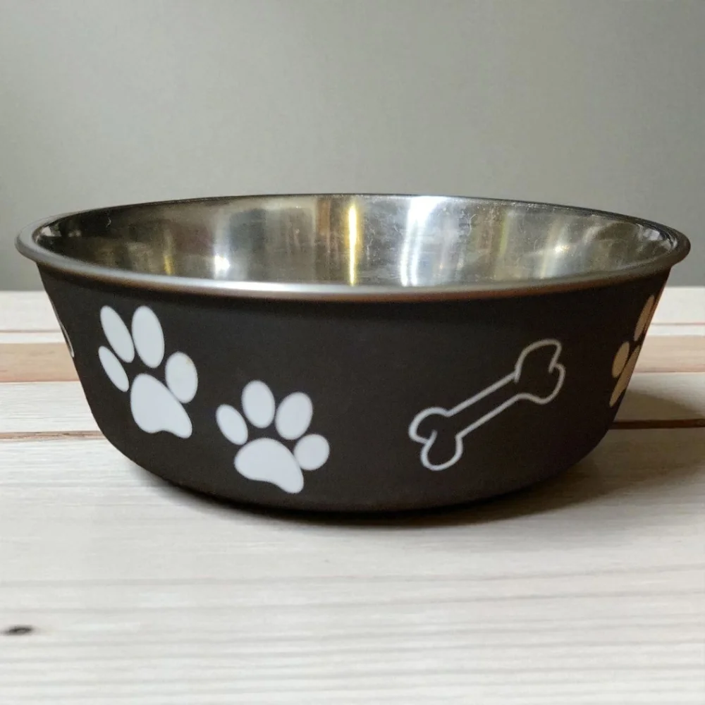 Pet Dog Cat Anti Skid STAINLESS STEEL Paw Prints Bones M 27 Oz Bella Bowl Rubber